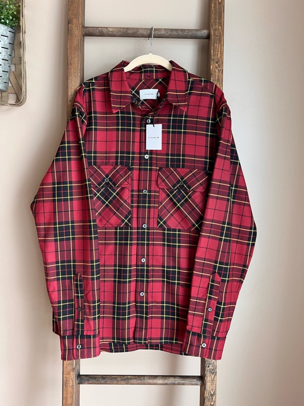 COACH NWT Plaid Button-Up Oversized Wool Blend Shirt